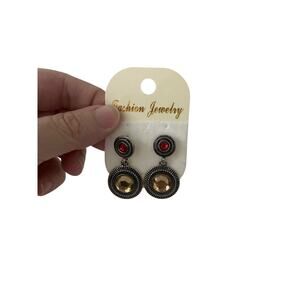 orange rhinestone earrings silver tone